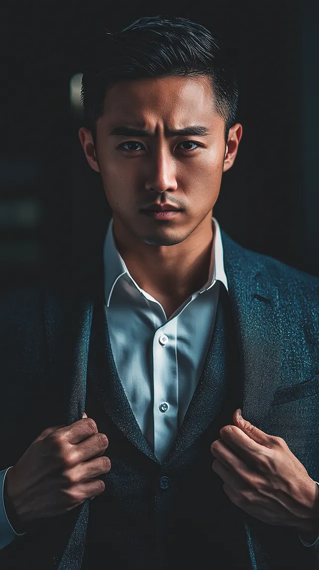 Taiwanese CEO in navy suit adjusting tie against black background