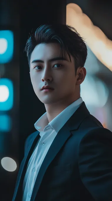 black background, corporate CEO, mid-range shot, Taiwanese business leader, sharp facial features but soft expressions, slightly narrow eyes with determined gaze, strong jawline but not overly sharp, professional short black hair, wearing a well-fitted navy blue suit with white shirt, subtle luxury wristwatch, hands adjusting suit, illuminated from the front::2 , cinematic warm key light::1.5 , soft shadows::1.2 , 8K, depth of field, professional color grading