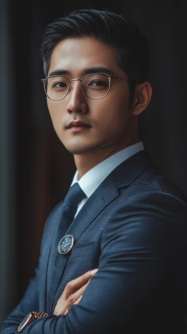 black background, corporate CEO, mid-range shot, Taiwanese business leader, sharp facial features but soft expressions, slightly narrow eyes with determined gaze, strong jawline but not overly sharp, professional short black hair, wearing a well-fitted navy blue suit with white shirt, subtle luxury wristwatch, hands adjusting suit, illuminated from the front::2 , cinematic warm key light::1.5 , soft shadows::1.2 , 8K, depth of field, professional color grading
