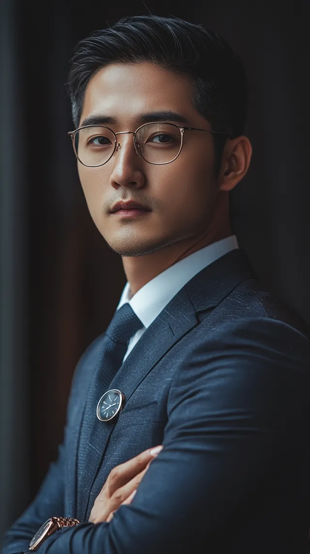 Taiwanese CEO in Navy Suit Posing Against Black Background
