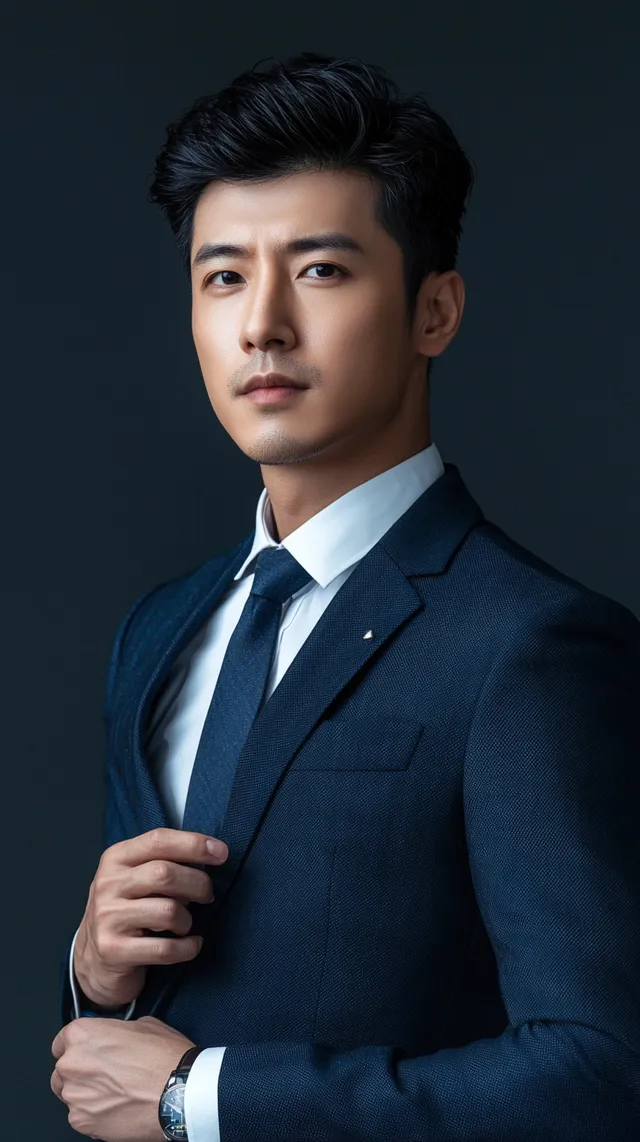 Taiwanese CEO in Navy Suit Poses Against Black Background, Warm Light