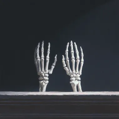 Two skeleton hands holding a flat surface, front view, detailed painting style.   oowq96j