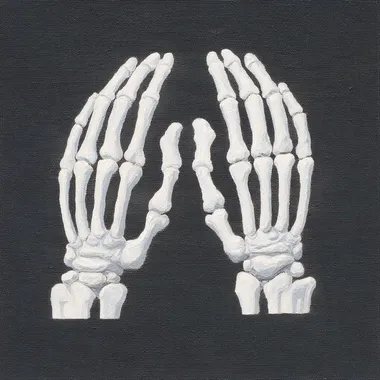Two skeleton hands holding a flat surface, front view, detailed painting style.   oowq96j