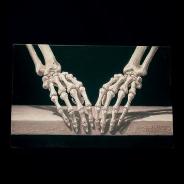 Two skeleton hands holding a flat surface, front view, detailed painting style.   oowq96j
