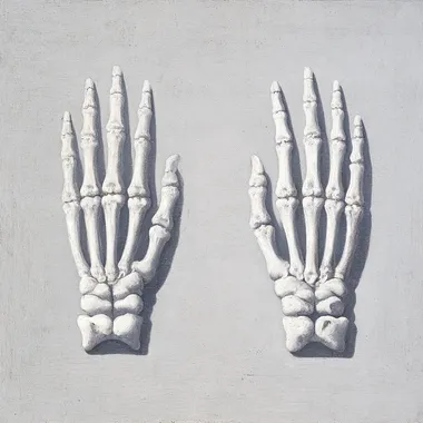 Two skeleton hands holding a flat surface, front view, detailed painting style.   oowq96j