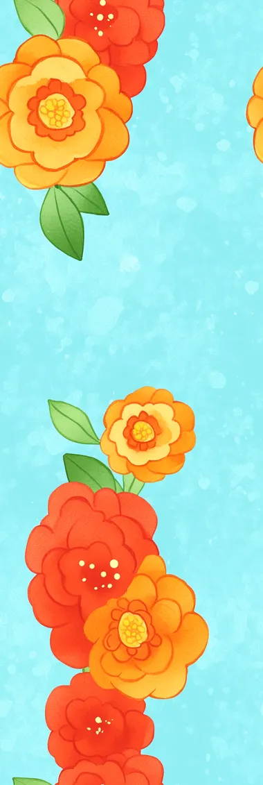 At the bottom of the screen, there are dense and beautiful Chinese style peony flowers and small leaf patterns blooming side by side from dense to sparse. The sky blue watercolor gradient background from bottom to top and from deep to light features bright and vibrant Chinese style flowers. Exquisite and complex contours, rich details, create a romantic atmosphere. The bright colors of blue, orange, yellow, and green flowers create a high-resolution romantic atmosphere.1080P,8K,good aerial control,high detail