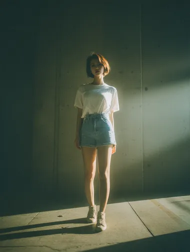 A high-end fashion portrait of a short-haired Korean woman, wearing a white T-shirt and denim shorts, standing on a concrete floor, with sunlight shining in from behind. The soft lighting and the contrast of light and dark were captured with a Fujifilm full-frame camera, creating a cinematic bokeh effect