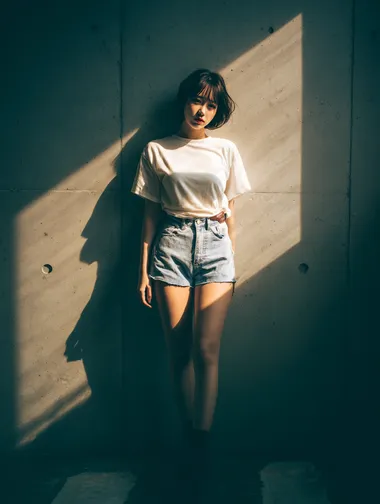 A high-end fashion portrait of a short-haired Korean woman, wearing a white T-shirt and denim shorts, standing on a concrete floor, with sunlight shining in from behind. The soft lighting and the contrast of light and dark were captured with a Fujifilm full-frame camera, creating a cinematic bokeh effect