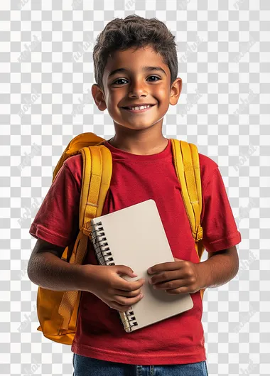 Photo of a happy latino boy wearing a red tshirt, carrying a yellow backpack, and holding a notebook, isolated on a white background, studio lighting  --s 250