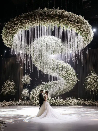 A large screen in front of the stage, a huge crystal spiral chandelier made up of white and green flowers on top with a beautiful wedding couple standing under it, white roses, a large flower wall at ground level, delicate and elegant, a romantic atmosphere, a photographic style, super-realistic, high-resolution, professional lighting, and insanely detailed.