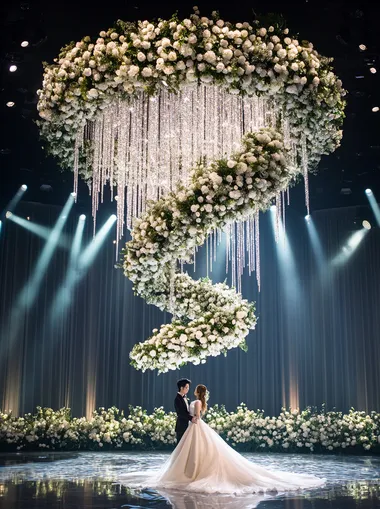 A large screen in front of the stage, a huge crystal spiral chandelier made up of white and green flowers on top with a beautiful wedding couple standing under it, white roses, a large flower wall at ground level, delicate and elegant, a romantic atmosphere, a photographic style, super-realistic, high-resolution, professional lighting, and insanely detailed.