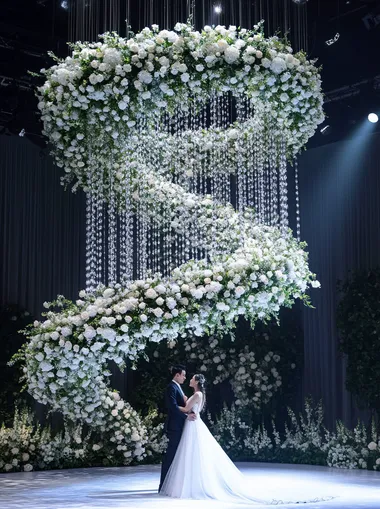 A large screen in front of the stage, a huge crystal spiral chandelier made up of white and green flowers on top with a beautiful wedding couple standing under it, white roses, a large flower wall at ground level, delicate and elegant, a romantic atmosphere, a photographic style, super-realistic, high-resolution, professional lighting, and insanely detailed.