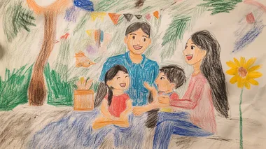 A wonderful drawing by a 4th grader who is very good at drawing, showing a family of three (papa, mama, and daughter) enjoying and laughing together. Since the picture was drawn for Mom's birthday, Mom is the main subject of the picture.