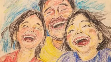 A wonderful drawing by a 4th grader who is very good at drawing, showing a family of three (papa, mama, and daughter) enjoying and laughing together. Since the picture was drawn for Mom's birthday, Mom is the main subject of the picture.