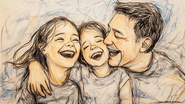A wonderful drawing by a 4th grader who is very good at drawing, showing a family of three (papa, mama, and daughter) enjoying and laughing together. Since the picture was drawn for Mom's birthday, Mom is the main subject of the picture.
