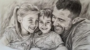 A wonderful drawing by a 4th grader who is very good at drawing, showing a family of three (papa, mama, and daughter) enjoying and laughing together. Since the picture was drawn for Mom's birthday, Mom is the main subject of the picture.