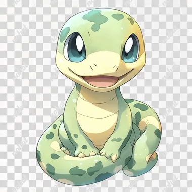 Classic anime style Pokemon, baby snake, smile, face forward. It has a white background, no hands or feet