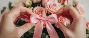 Delicate hands tying a pink ribbon around a bouquet of pink roses, symbolizing love and appreciation, cinematic close-up.,    773tzfv