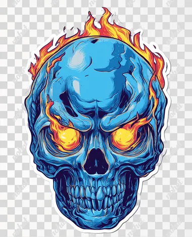 A blue skull with fiery eyes, a vector illustration on a white background, in a sticker design style. The image features high-contrast colors, detailed shading and lines, and a realistic, hyper-realistic aesthetic. The clipart is isolated on a white background.   --s 50