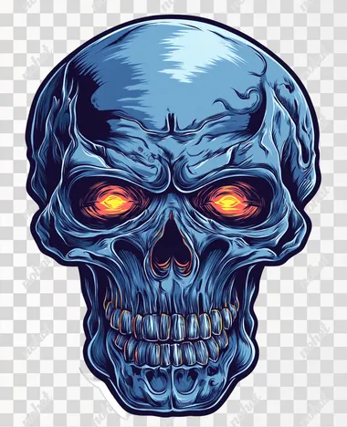 A blue skull with fiery eyes, a vector illustration on a white background, in a sticker design style. The image features high-contrast colors, detailed shading and lines, and a realistic, hyper-realistic aesthetic. The clipart is isolated on a white background.   --s 50