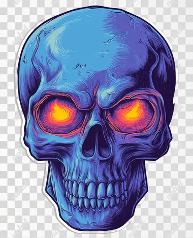 A blue skull with fiery eyes, a vector illustration on a white background, in a sticker design style. The image features high-contrast colors, detailed shading and lines, and a realistic, hyper-realistic aesthetic. The clipart is isolated on a white background.   --s 50
