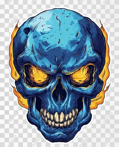 A blue skull with fiery eyes, a vector illustration on a white background, in a sticker design style. The image features high-contrast colors, detailed shading and lines, and a realistic, hyper-realistic aesthetic. The clipart is isolated on a white background.   --s 50