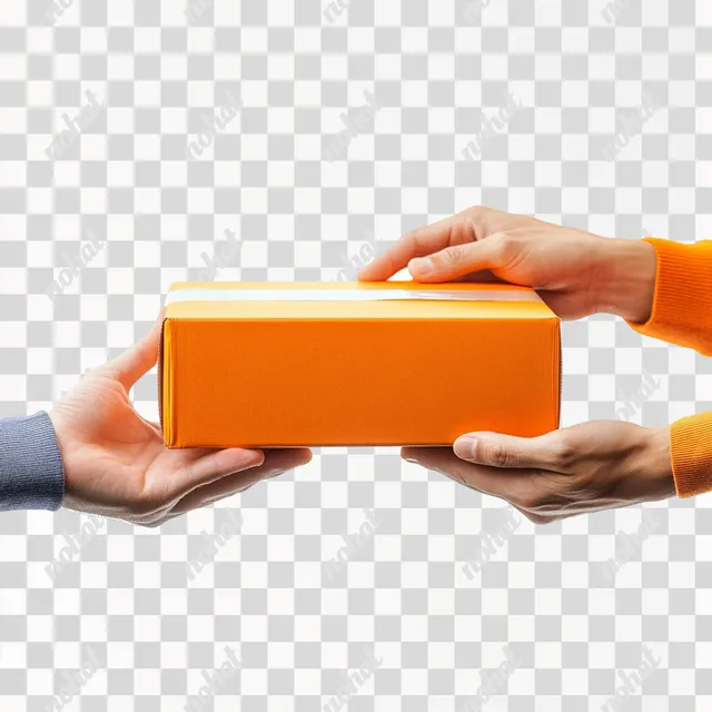 two hands holding an orange box on a PNG transparent background