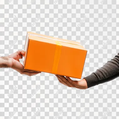 create a real image of two hands ones of delivery man and second of customer holding orange color big box on white background