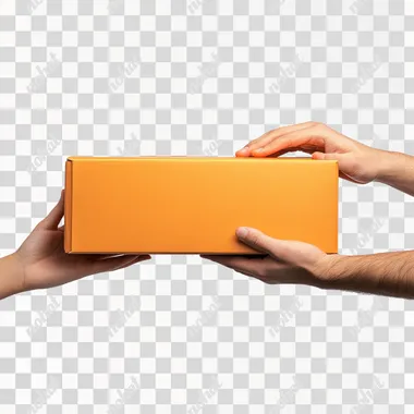 create a real image of two hands ones of delivery man and second of customer holding orange color big box on white background