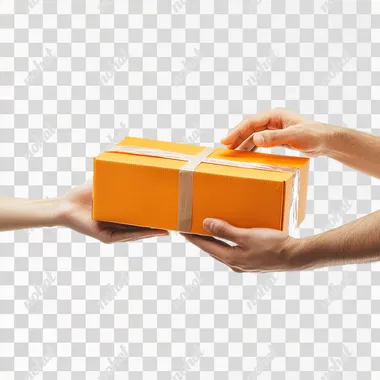 create a real image of two hands ones of delivery man and second of customer holding orange color big box on white background