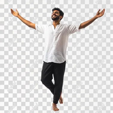 full body South Indian Happy man, man in black pant and white shirt walking in garden with arms raised isolated on side face white background