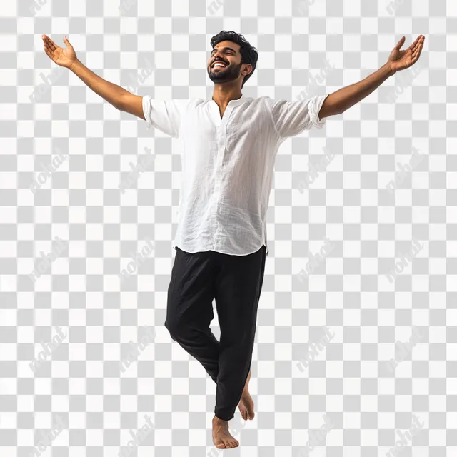 PNG Happy South Indian man in black pants and white shirt jumping outdoors