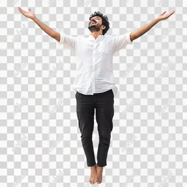 full body South Indian Happy man, man in black pant and white shirt walking in garden with arms raised isolated on side face white background