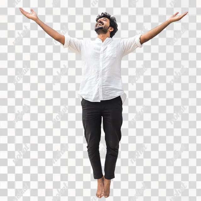 PNG Happy South Indian man in garden, arms outstretched, black pants, white shirt