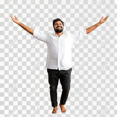 full body South Indian Happy man, man in black pant and white shirt walking in garden with arms raised isolated on side face white background