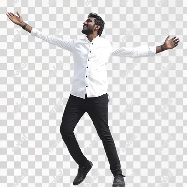 full body South Indian Happy man, man in black pant and white shirt walking in garden with arms raised isolated on side face white background