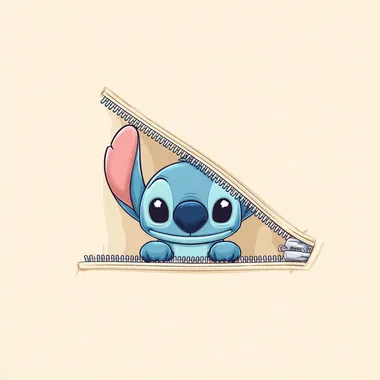 cute Stitch peeking out from open zipper, cartoon style, centered character, kawaii expression, zipper partially open, white background, children clothing print design, clean composition, pastel tones, flat illustration, front view, suitable for heat transfer print, no text