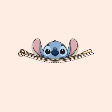 cute Stitch peeking out from open zipper, cartoon style, centered character, kawaii expression, zipper partially open, white background, children clothing print design, clean composition, pastel tones, flat illustration, front view, suitable for heat transfer print, no text