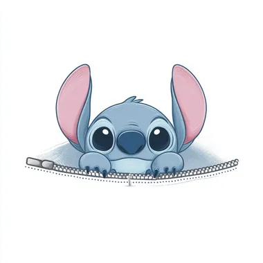 cute Stitch peeking out from open zipper, cartoon style, centered character, kawaii expression, zipper partially open, white background, children clothing print design, clean composition, pastel tones, flat illustration, front view, suitable for heat transfer print, no text