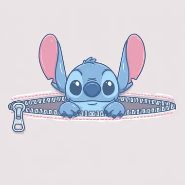 cute Stitch peeking out from open zipper, cartoon style, centered character, kawaii expression, zipper partially open, white background, children clothing print design, clean composition, pastel tones, flat illustration, front view, suitable for heat transfer print, no text