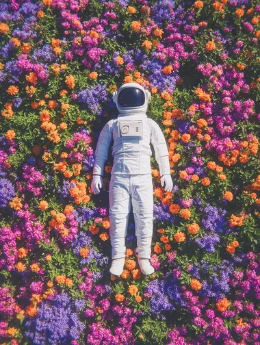 An astronaut lying in the middle of flowers, in the style of Unsplash photography.   k96yhpv