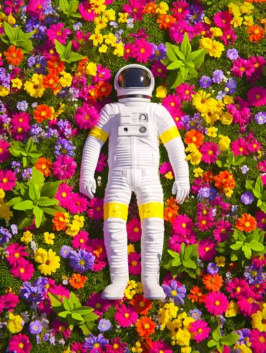 An astronaut lying in the middle of flowers, in the style of Unsplash photography.   k96yhpv