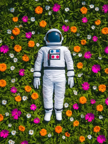 An astronaut lying in the middle of flowers, in the style of Unsplash photography.   k96yhpv