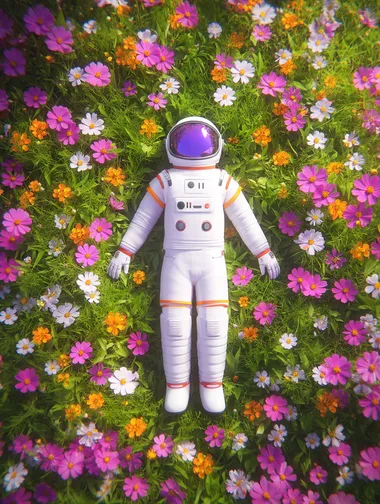 An astronaut lying in the middle of flowers, in the style of Unsplash photography.   k96yhpv