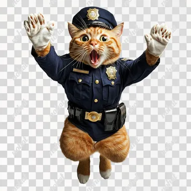 Ultra-realistic full-body photo of an orange tabby cat. white gloves. A surprised expression with eyes and mouth wide open. Jump. He wears a navy blue uniform with gold buttons, a badge on his chest, and a matching police cap with a shiny badge. The belt is equipped with a holster. black shoes. An acrobatic composition that looks like a movie poster. studio lighting, white background,