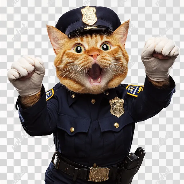 PNG Orange Tabby Cat Police Officer Jumping in Studio Photo with Surprise