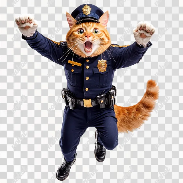 PNG Orange tabby cat police officer leaping in studio with surprised face