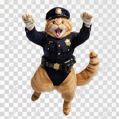 Ultra-realistic full-body photo of an orange tabby cat. white gloves. A surprised expression with eyes and mouth wide open. Jump. He wears a navy blue uniform with gold buttons, a badge on his chest, and a matching police cap with a shiny badge. The belt is equipped with a holster. black shoes. An acrobatic composition that looks like a movie poster. studio lighting, white background,