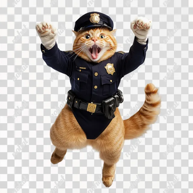 PNG Orange Tabby Cat in Police Uniform Leaping with Surprised Expression
