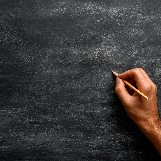 Chalk in Hand Next to Blank Blackboard